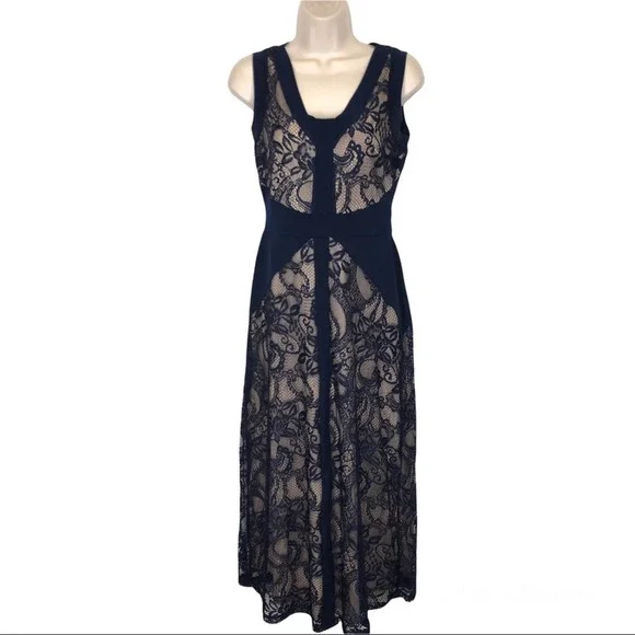 Cardalite Dresses | Price Reduced! Cardalite Petite Cocktail Maxi Dress Navy Blue Lace | Color: Blue/Cream | Size: SP | Kdawley8485'S Closet